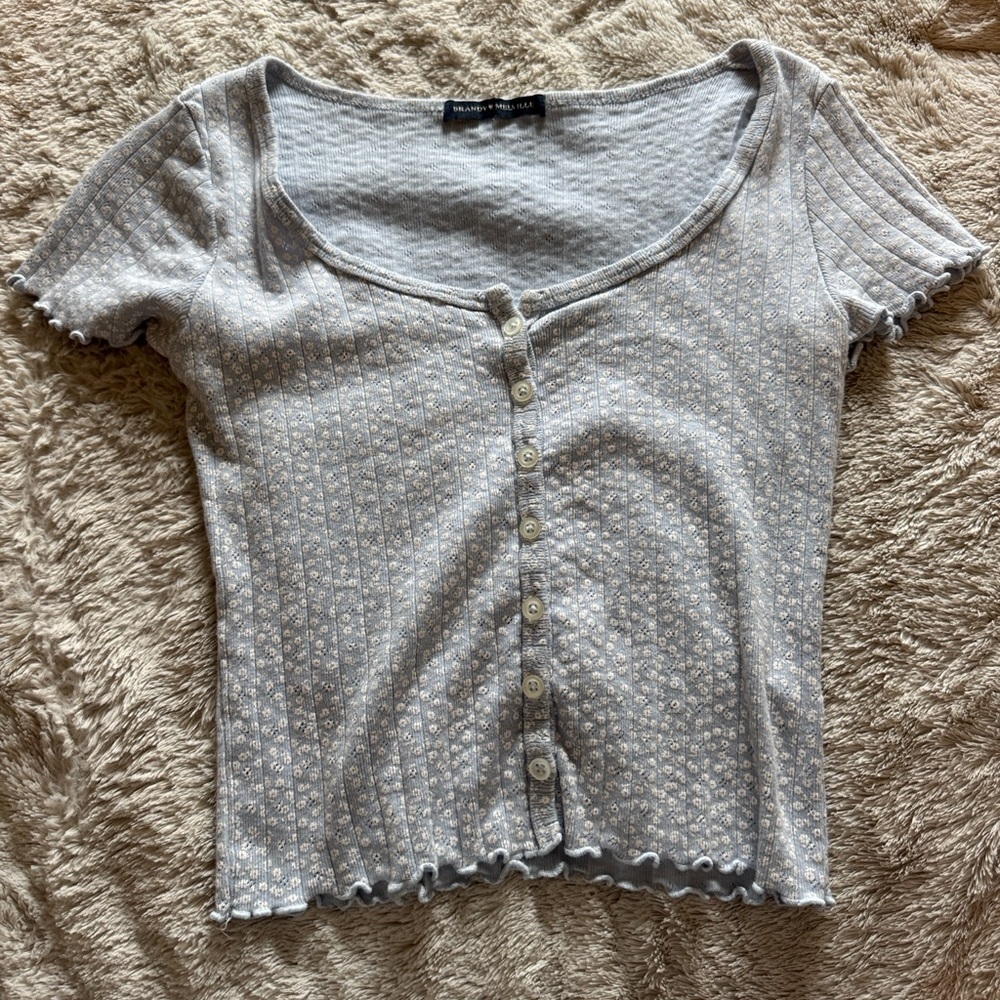 Brandy Melville Light Blue Floral Button-Up Blouse